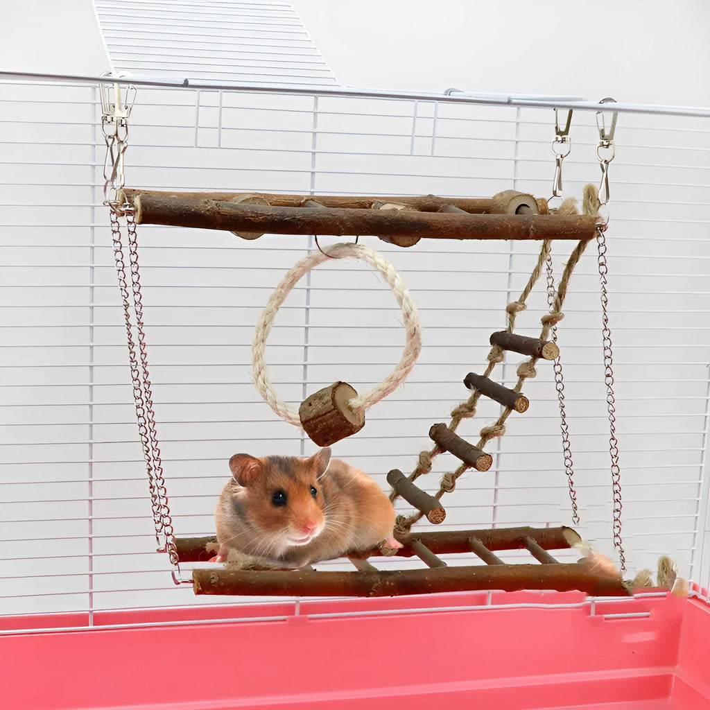 Wooden suspension bridge ladder climbing frame toy for small pets in natural wood colour, size 27x8x23cm
