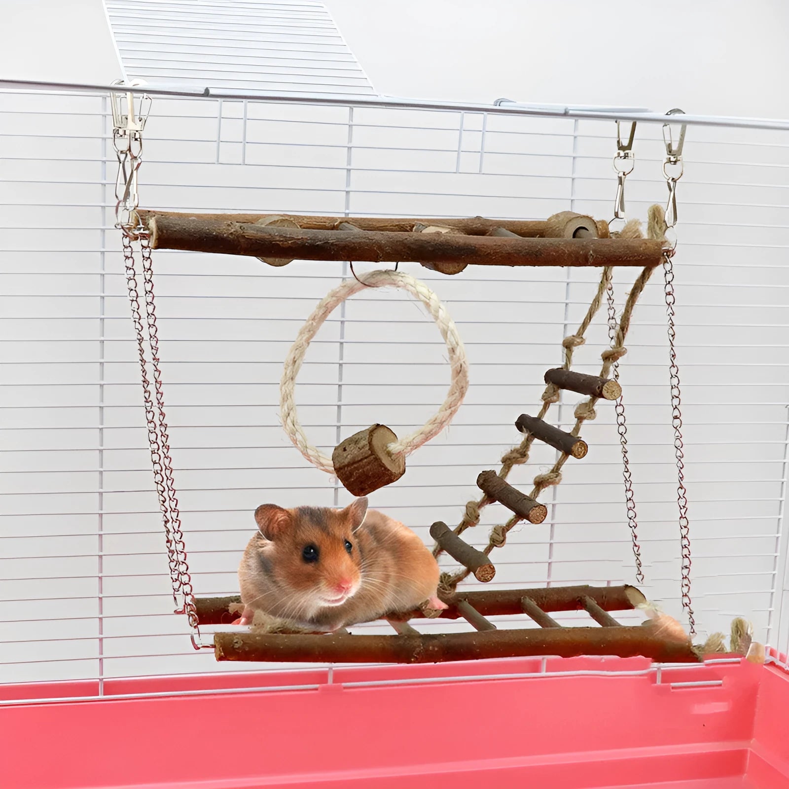 Wooden suspension bridge ladder climbing frame toy for small pets in natural wood colour, size 27x8x23cm