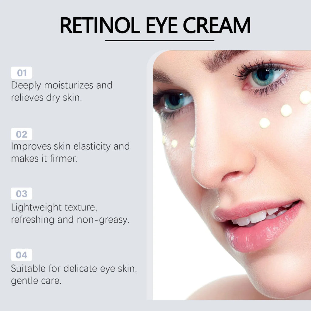 Silver tube of 20g retinol moisturising eye cream, 12.1 cm long.