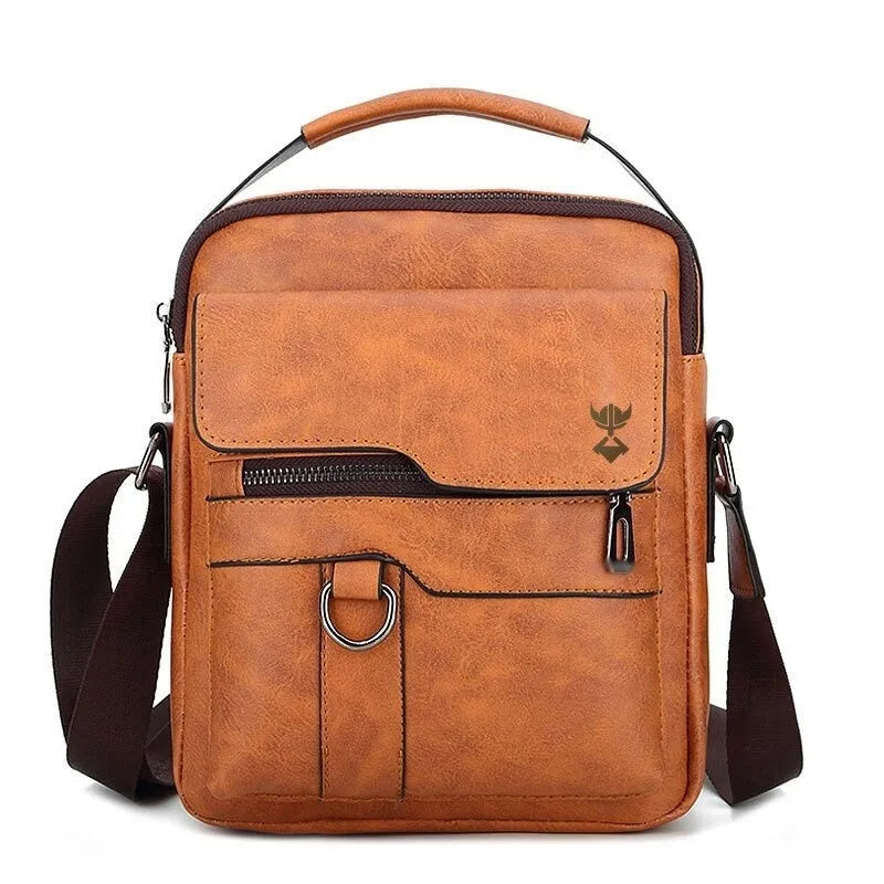 Khaki PU leather men's shoulder bag showing front zipper closure and single strap.