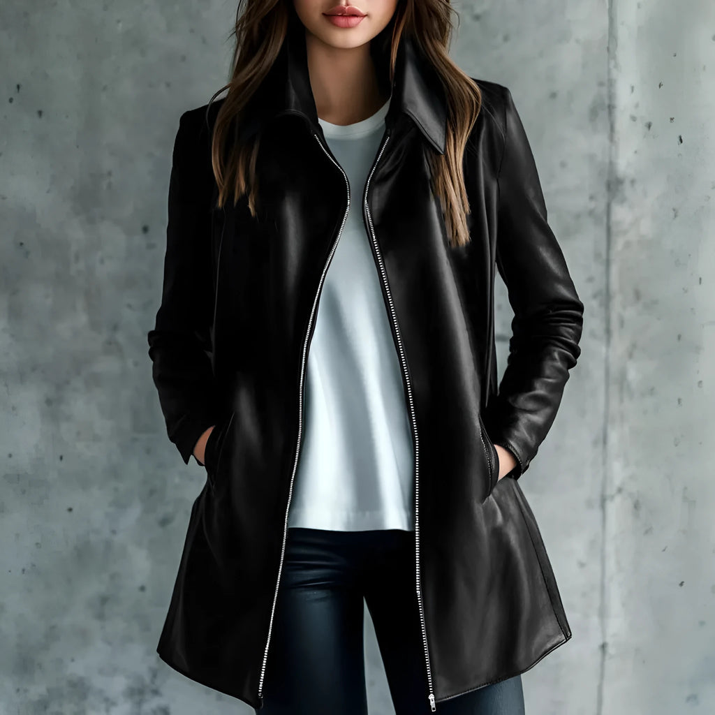 Black medium-length leather jacket for women with long sleeves.