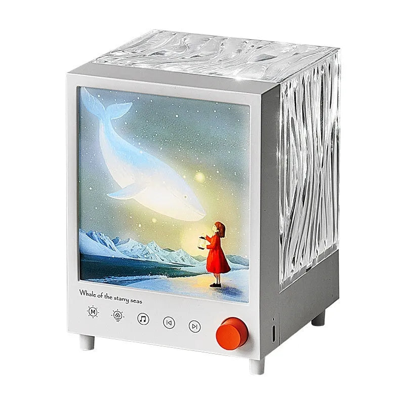 Aurora Treasure Box cubic projection lamp showing star sea whale coloured light projection.