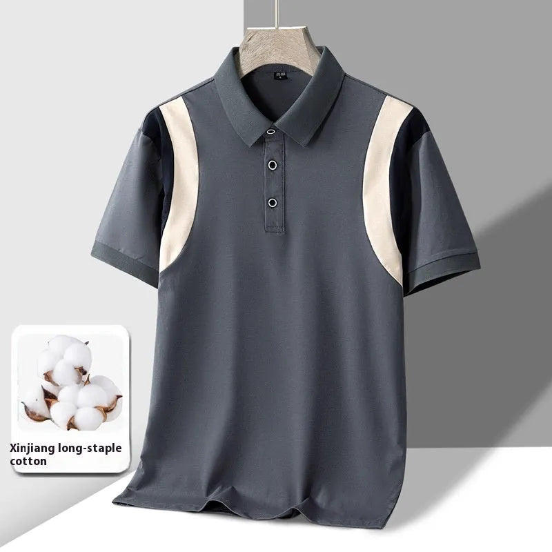 Men's striped cotton t-shirt with a business lapel collar, shown in a loose fit with short sleeves.