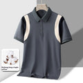 Men's striped cotton t-shirt with a business lapel collar, shown in a loose fit with short sleeves.