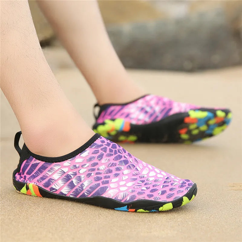 Lycra fabric beach wading shoes for swimming in blue, black, pink, purple, and camouflage colours