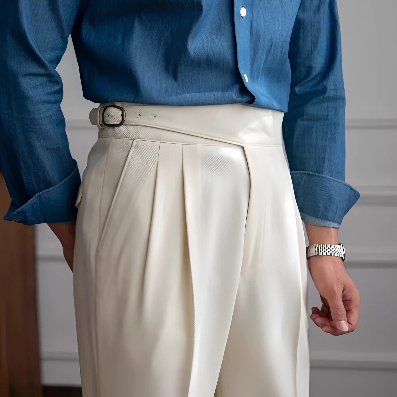 Men's high-waist straight-leg casual trousers in black polyester fabric on a hanger.