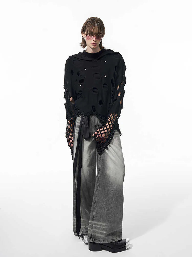 Black men's hoodie with pearl decoration on hood, loose fit thin knit pullover