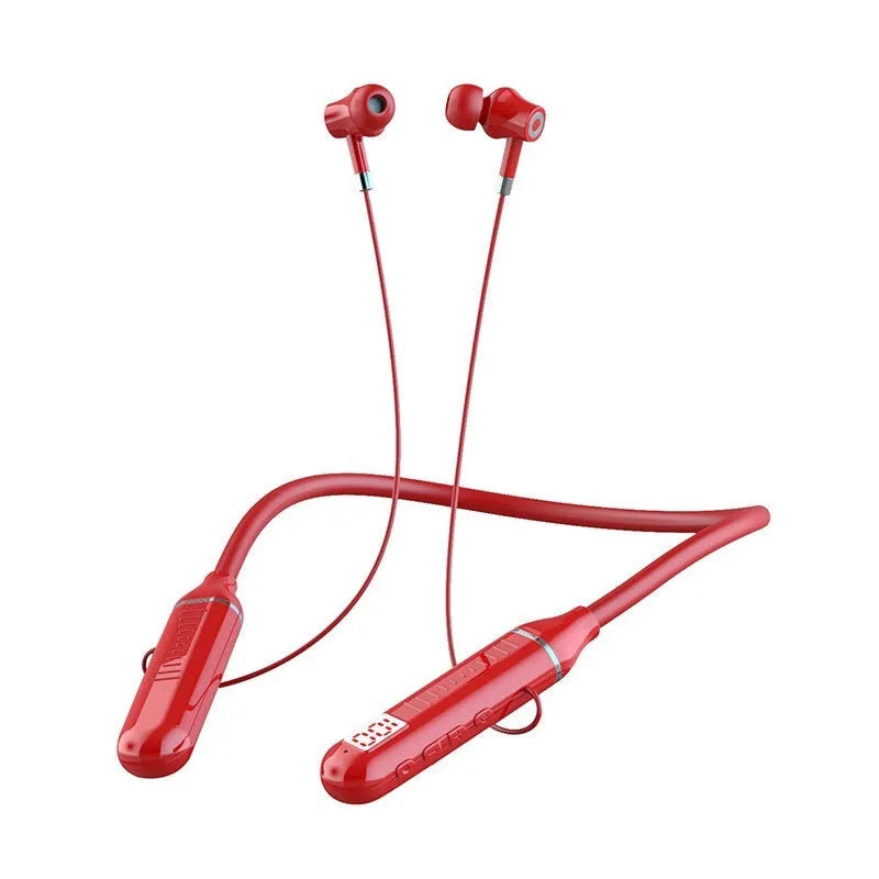 Wireless Bluetooth sports headset with neck-hanging design in black, red, purple and green colour options