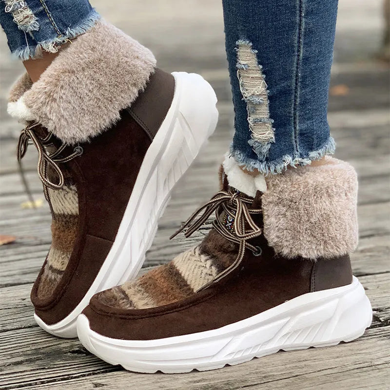 Women's beige lace-up snow boots with fuzzy lining and thick rubber sole