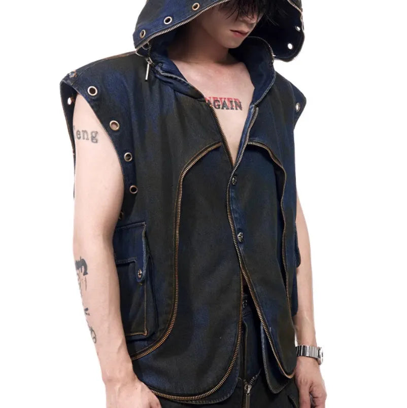 Blue hooded denim vest and matching trousers set with front zipper closure in Korean style