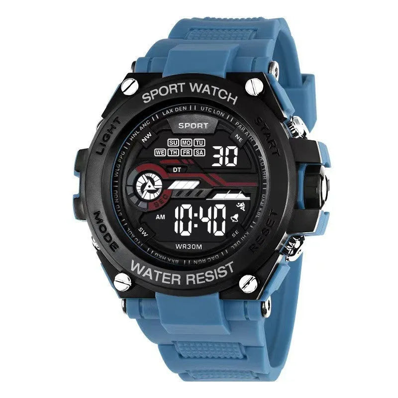 Digital electronic watch with LED display and silicone strap in various colours for teenagers