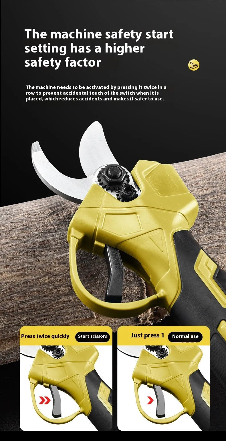 Cordless electric pruning shears with two lithium batteries and charger in a plastic storage case.