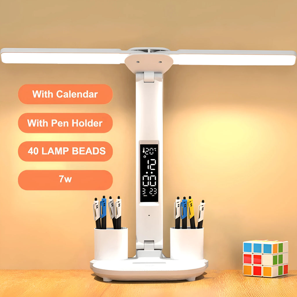 White LED desk lamp with built-in calendar and pen holder, touch control, USB powered, on a modern desk