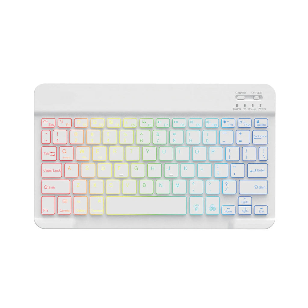 10-inch wireless Bluetooth keyboard with colourful backlit keys shown in a selection of case colours.