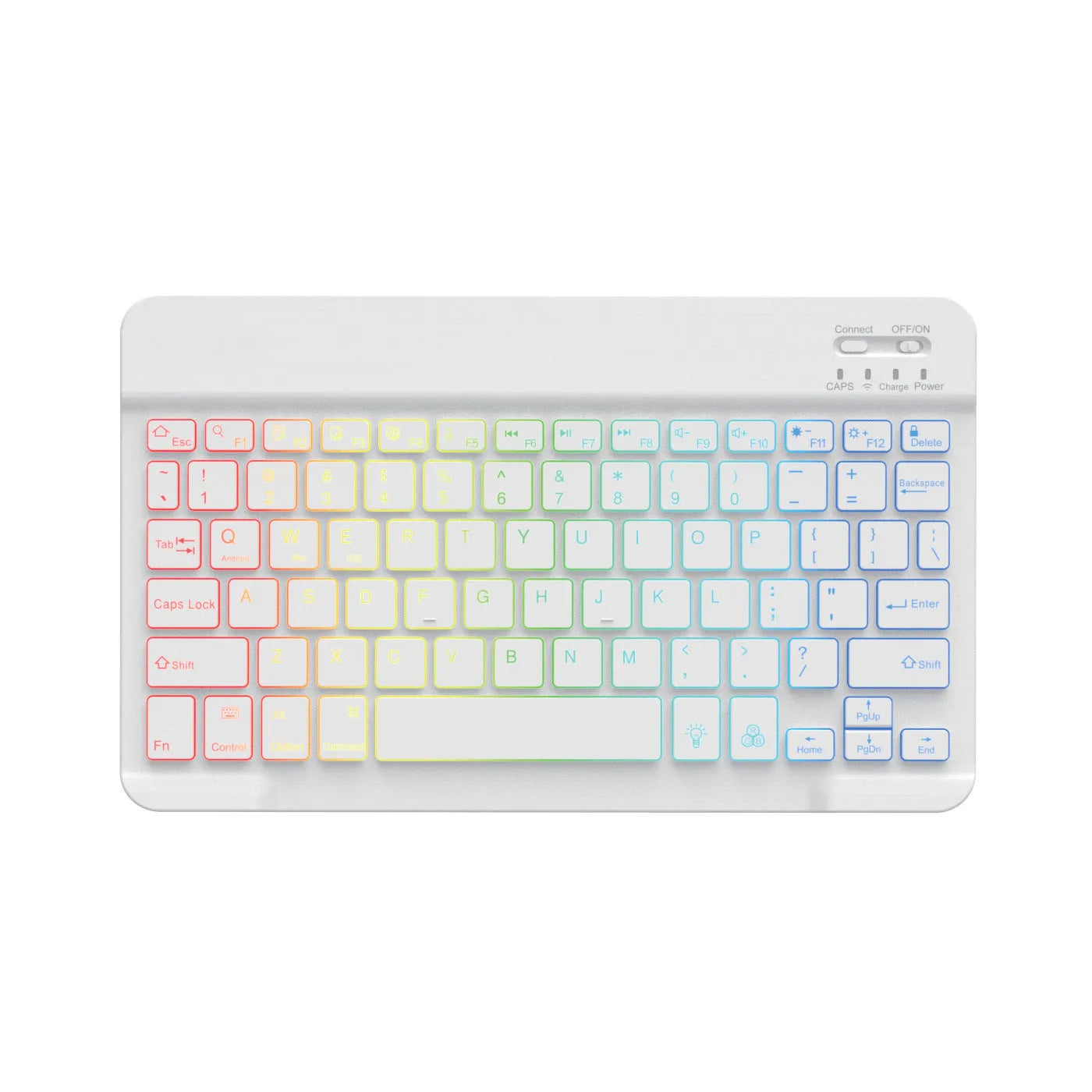 10-inch wireless Bluetooth keyboard with colourful backlit keys shown in a selection of case colours.
