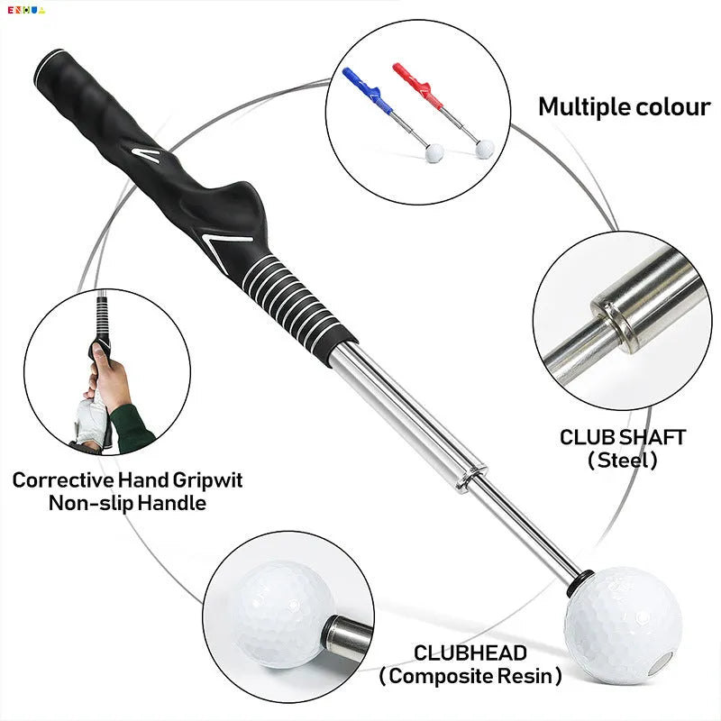 Telescopic golf swing trainer in stainless steel extended to full length