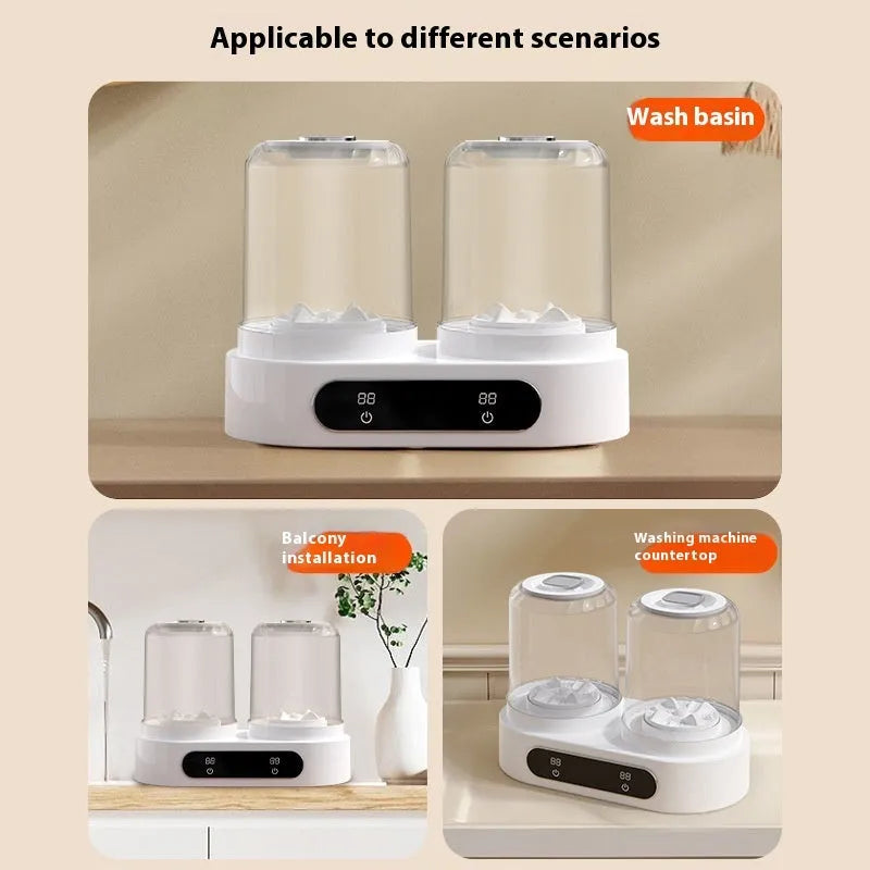 White double bucket mini washing machine with USB power connection for portable laundry use