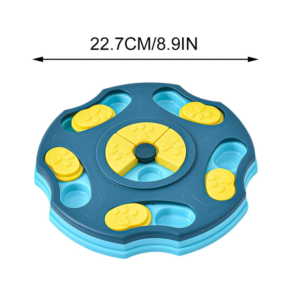 Blue dog puzzle toy food feeder bowl with interactive game elements for aggressive chewers