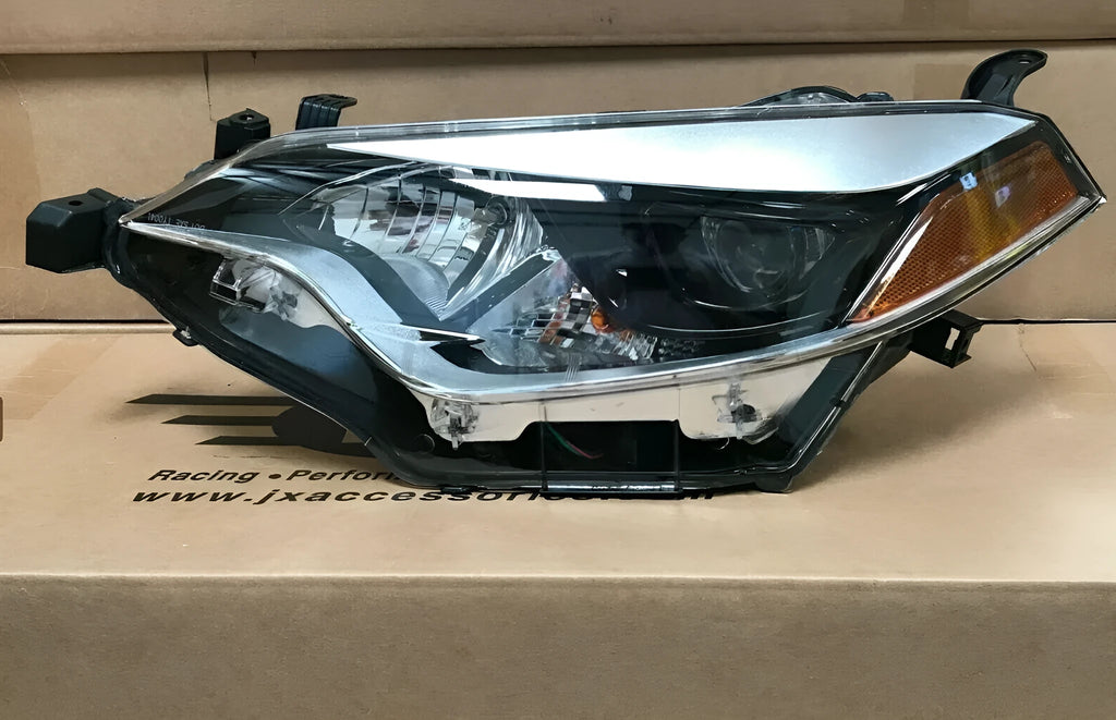 Halogen headlight assembly for passenger side of 2014-2016 Toyota Corolla with black housing.