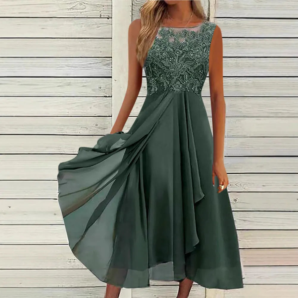 Women's sleeveless chiffon dress with lace stitching in blue, green, or purple.