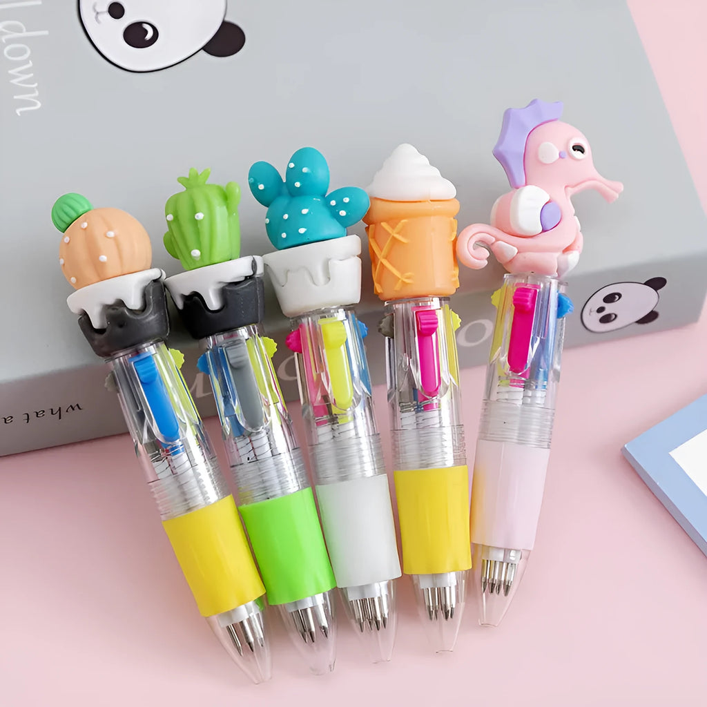 Four-colour press ballpoint pen with cartoon design, showing 0.7mm bullet tip and press-button colour selector.