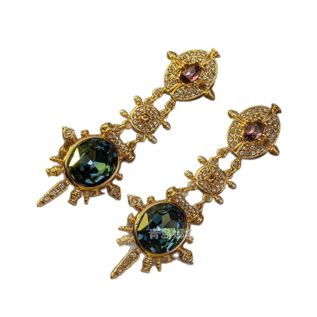Gold geometric retro stud earrings with diamond treatment and drop design