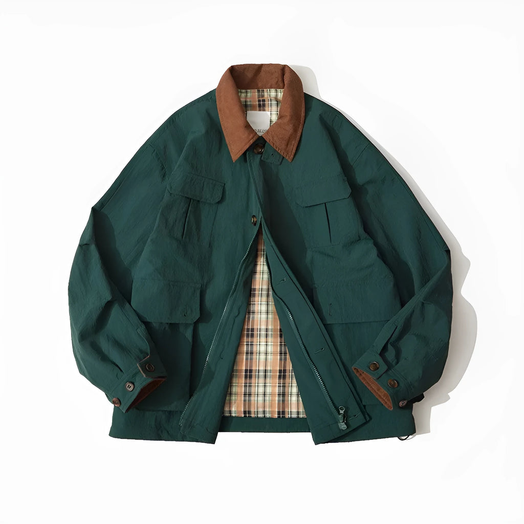 Apricot casual polyester jacket with side seam pockets on a hanger.