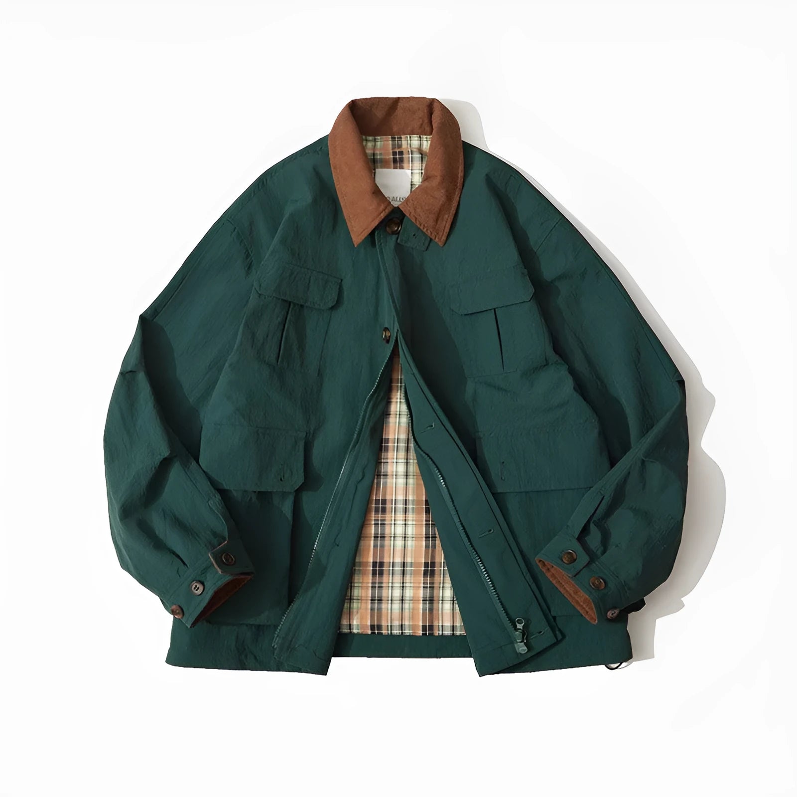 Apricot casual polyester jacket with side seam pockets on a hanger.