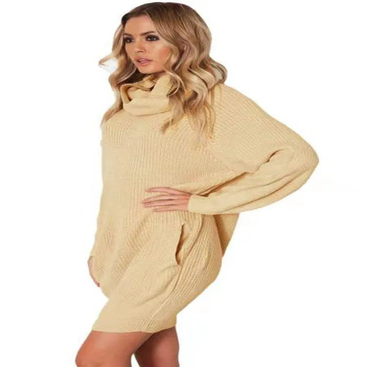 Mid-length apricot pullover sweater with a lapel collar, pocket, and loose slimming fit.