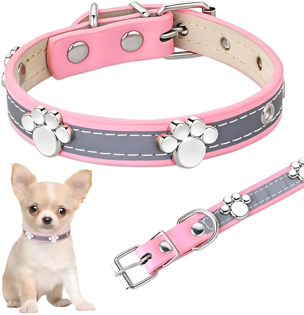 Reflective brown leather dog collar with metal buckle and decorative paw-shaped rivet, shown on a size chart.