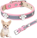 Reflective brown leather dog collar with metal buckle and decorative paw-shaped rivet, shown on a size chart.