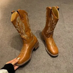 Brown embroidered women's mid-calf Martin boots with a waterproof platform and leather lining.