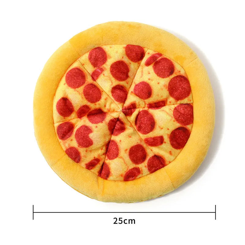 Yellow pizza and teddy bear dual-design dog chewing toy with squeaker