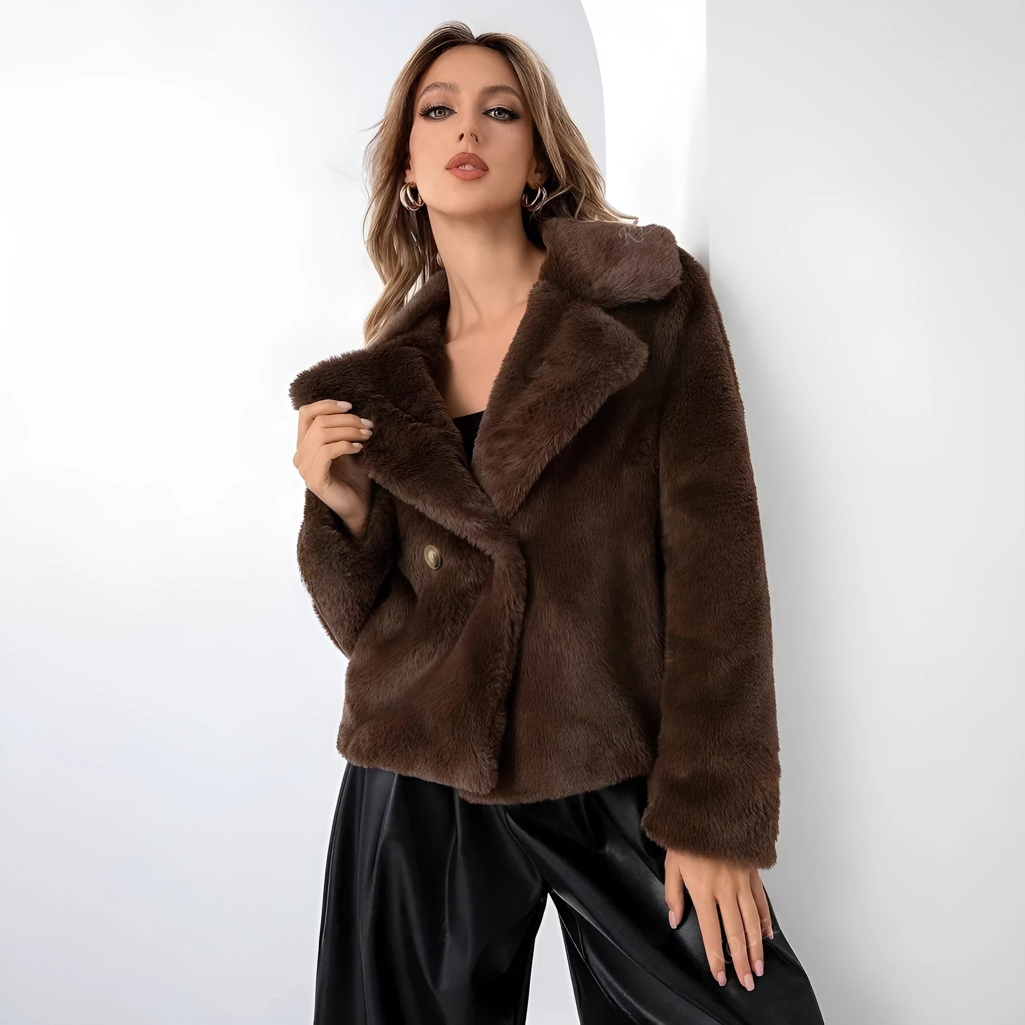 Women's loose-fitting short faux fur coat in rose red colour on a hanger.