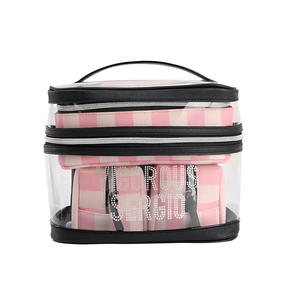 Pink bold stripes flower pattern makeup bag with waterproof synthetic leather and folding compartments