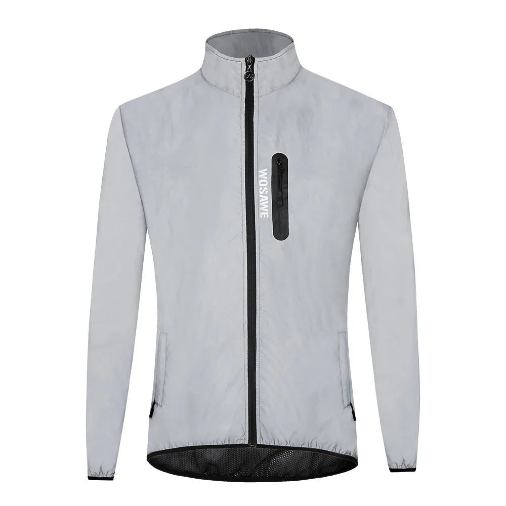 Silver waterproof polyester long sleeve top shown on a hanger.