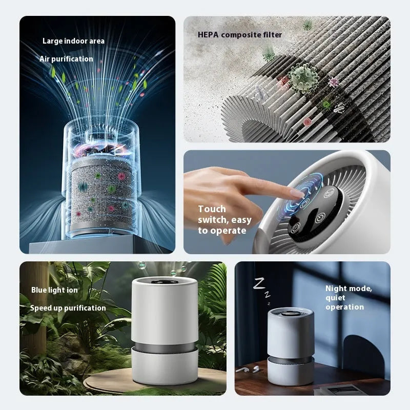 White desktop air purifier model EJ-JHQ101 with USB cable on a table.