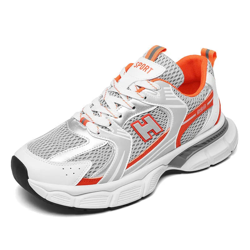 Men's mesh running shoes in three colour options with plastic sole and round toe design