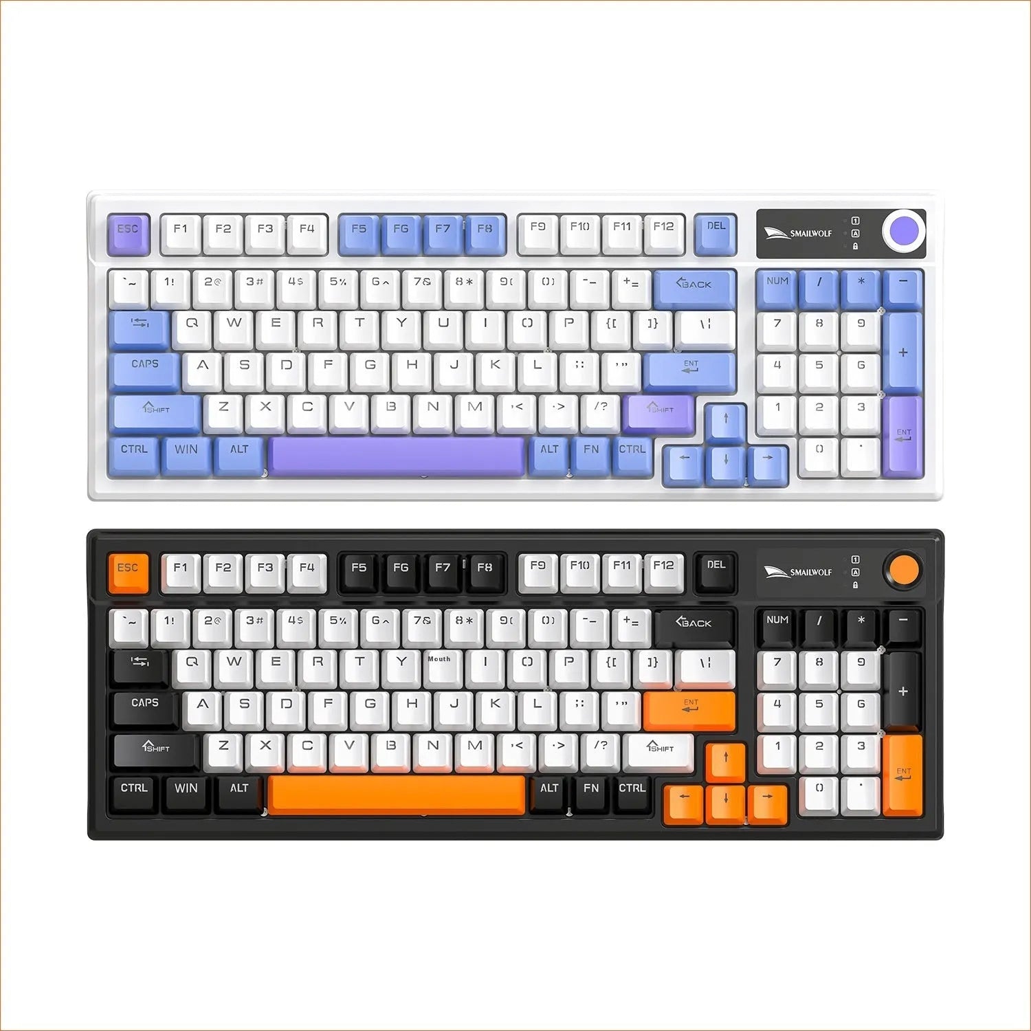 SK15 wired mechanical keyboard with control knob in sunset orange colour beside laptop