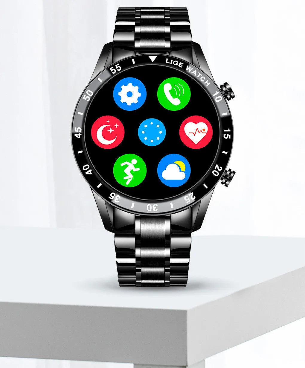 Smart watch with stainless steel wristband showing 1.3 inch screen, available in black or silver colour