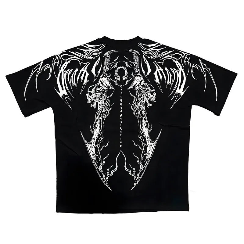 Dark style loose fit pure cotton short-sleeved T-shirt with gilding detail on fabric.
