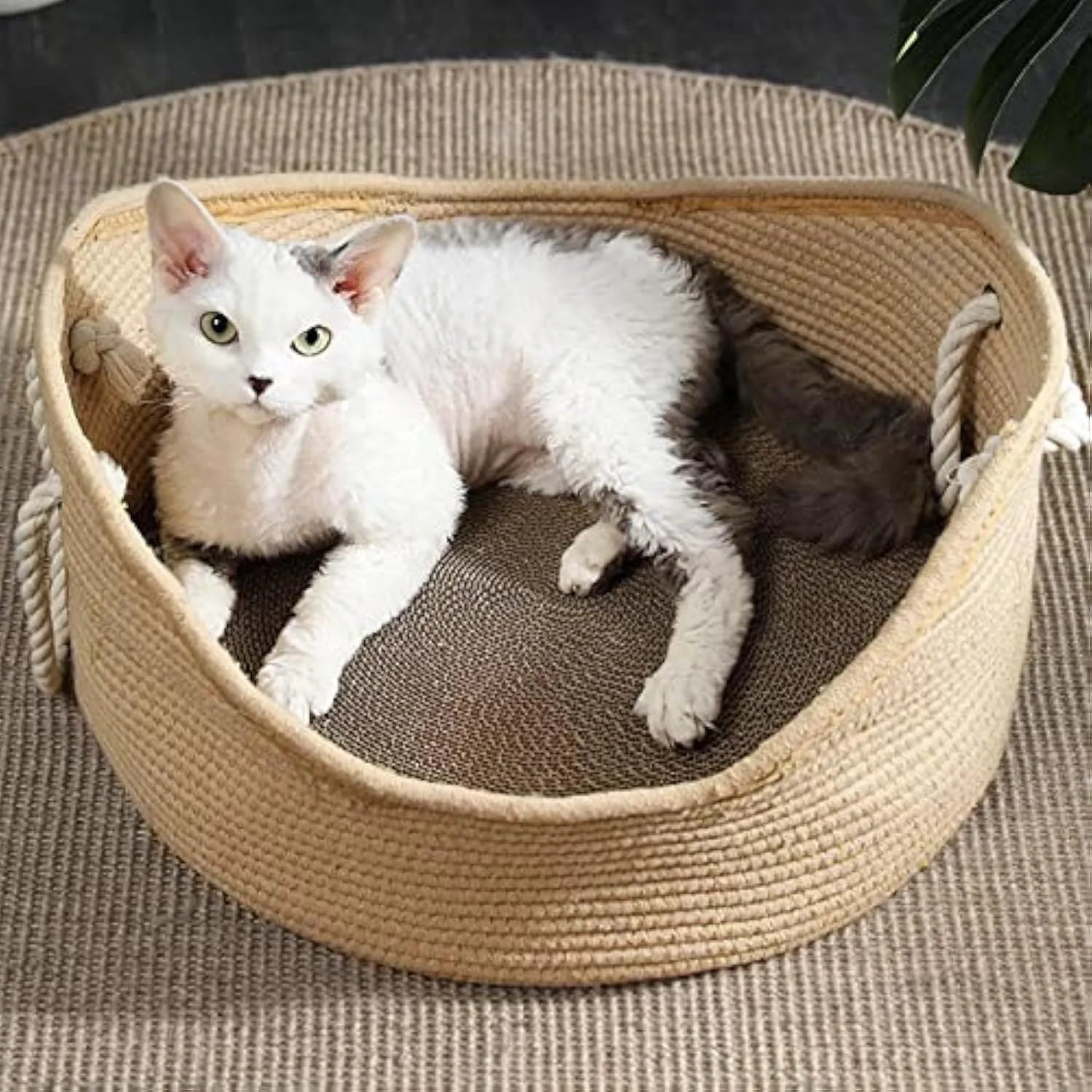 Wicker-style cat bed basket with corrugated scratching surface in two size options