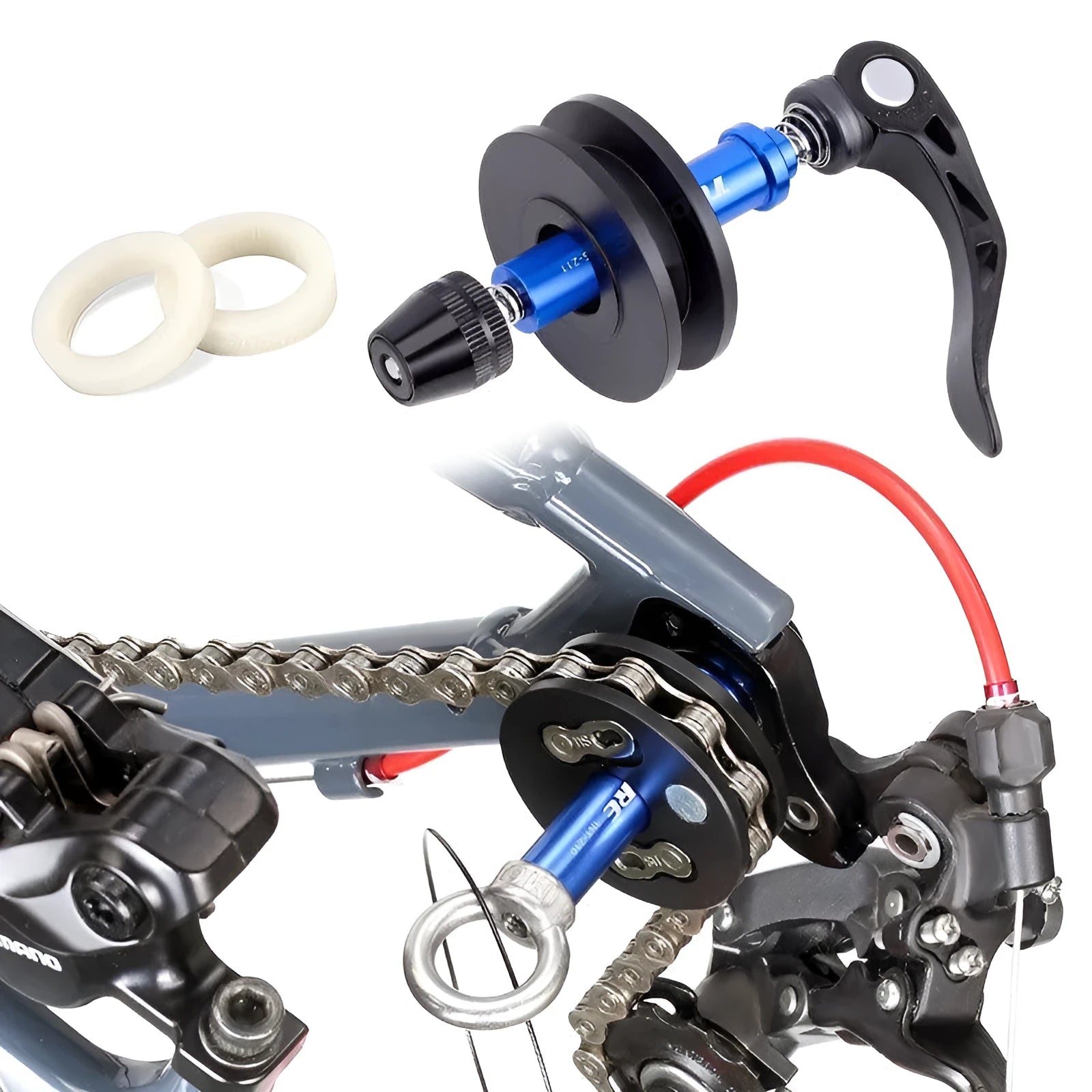Aluminium alloy bicycle chain holder tool shown in barrel shaft, basic, and quick release versions.