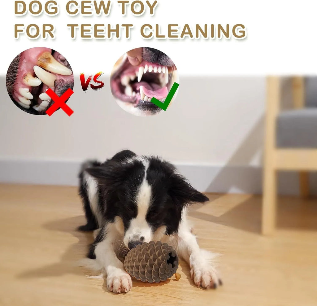 Yellow pine cone shaped rubber dog chew toy with treat dispenser hole