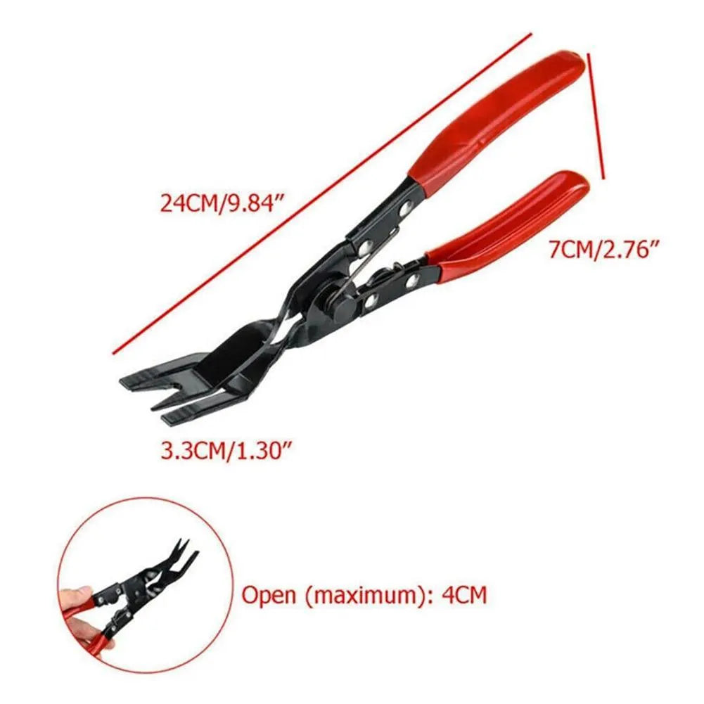 Blue steel automotive clamp removal pliers tool with 235mm length on a workbench.