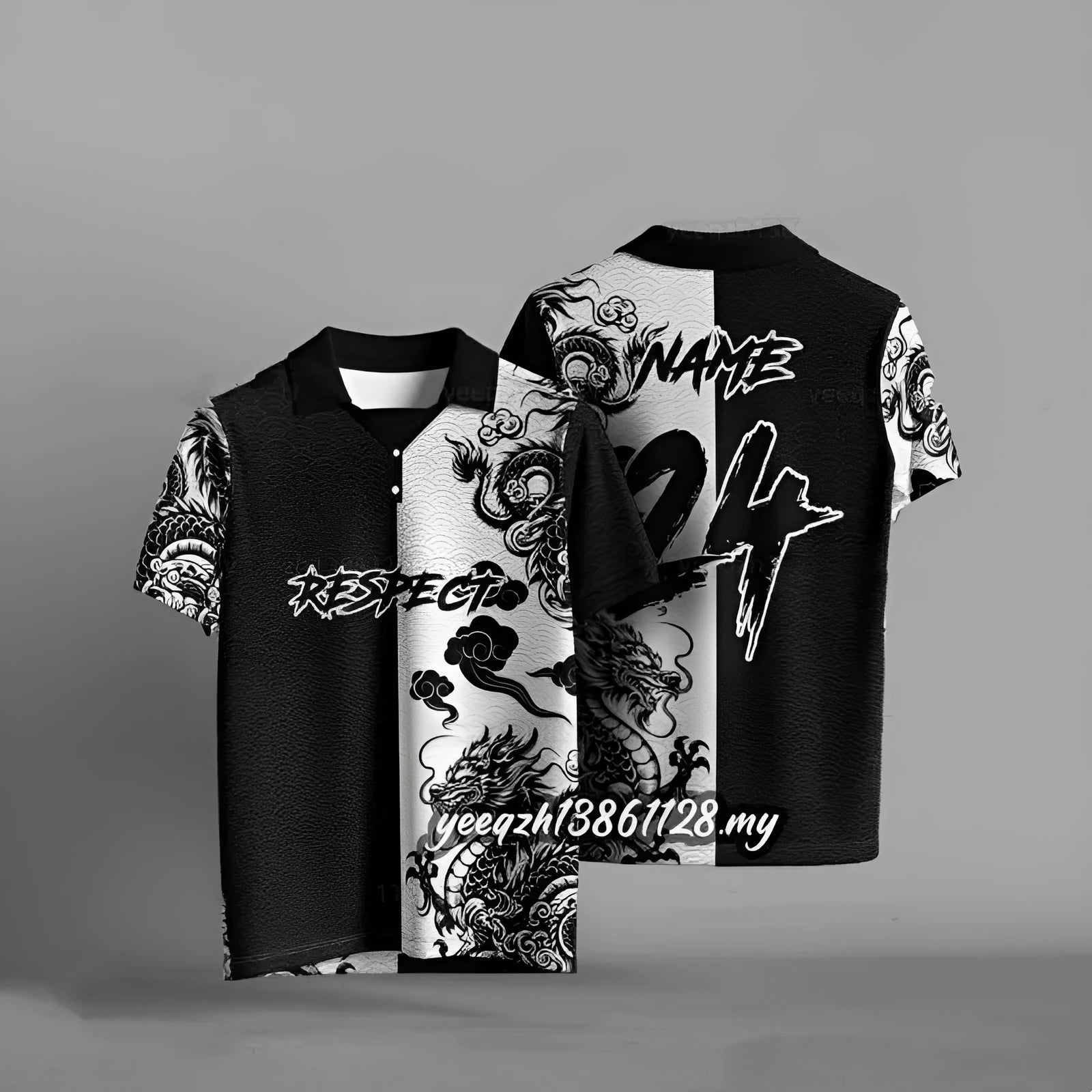 Black loose fit t-shirt with 3D digital printing design, short sleeves, available in sizes S through 6XL