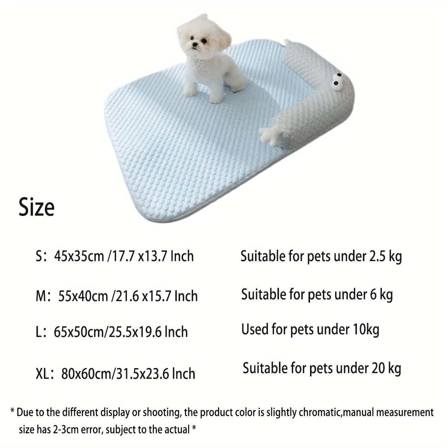 Blue pet bed with monster design showing breathable polyester fabric and non-slip base