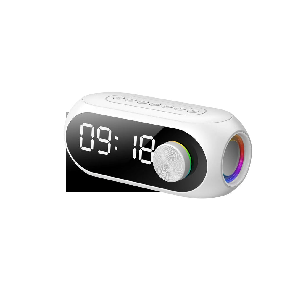 Portable mini Bluetooth speaker with digital clock display in black, white, or blue colour.