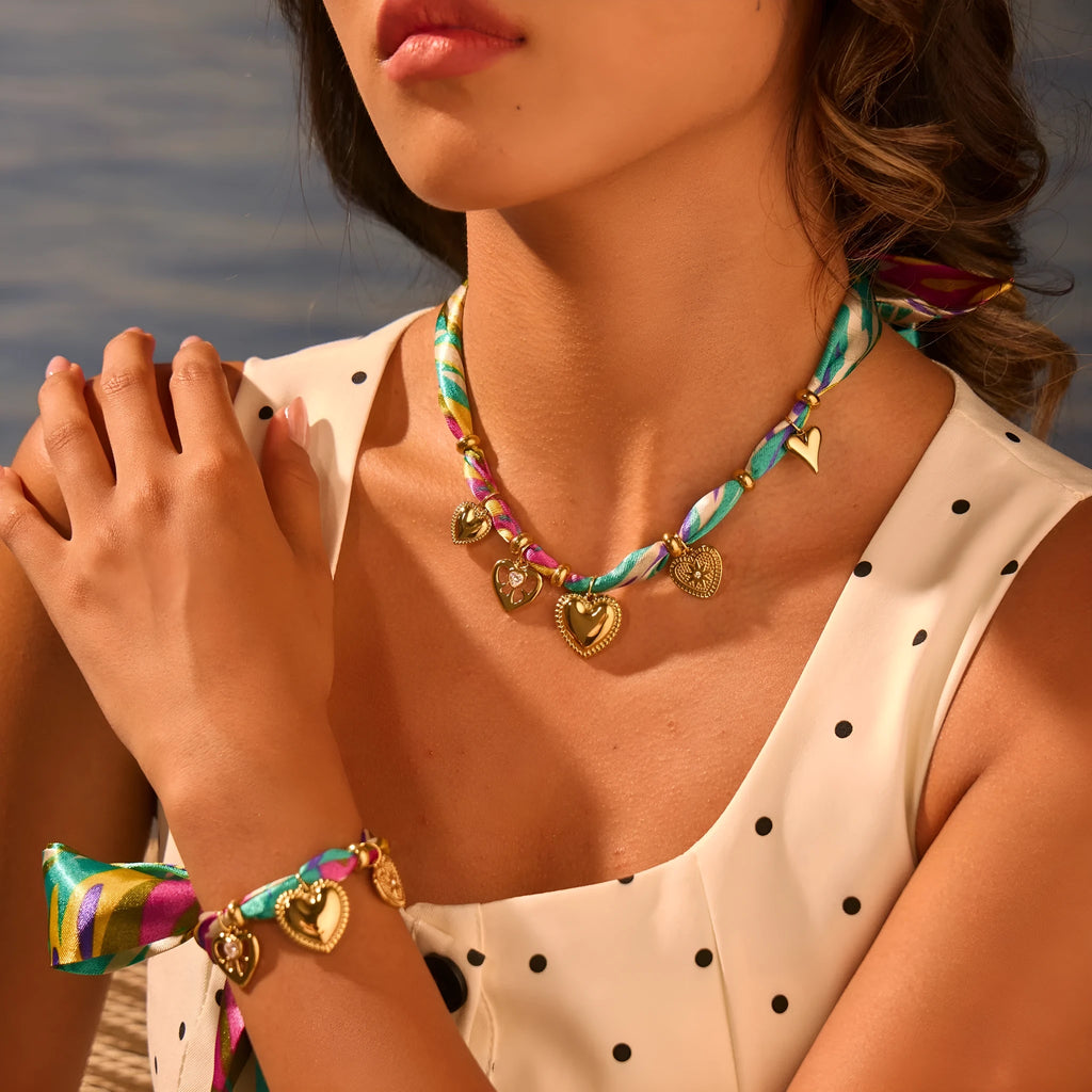 Stainless steel geometric pendant necklace and bracelet set with 18K plating on adjustable chain