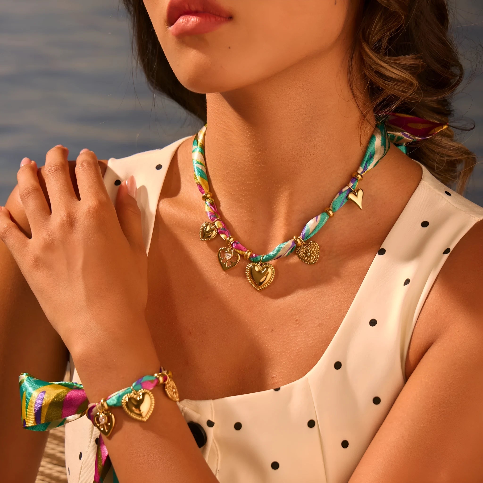 Stainless steel geometric pendant necklace and bracelet set with 18K plating on adjustable chain
